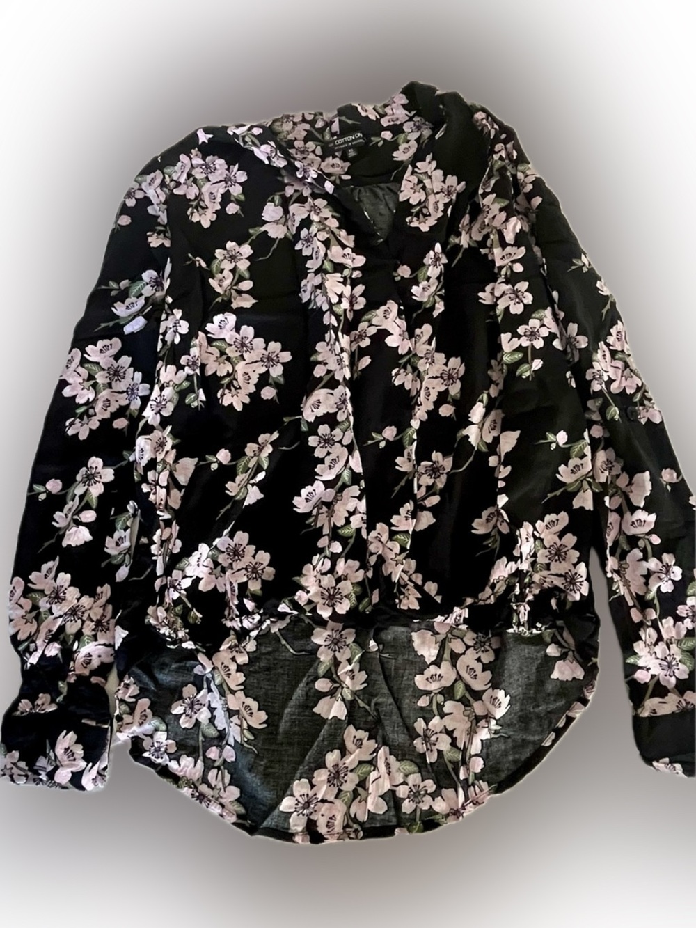 Cotton On Black Pink Cherry Blossom Floral Crop High Low Surplice V-Neck Blouse